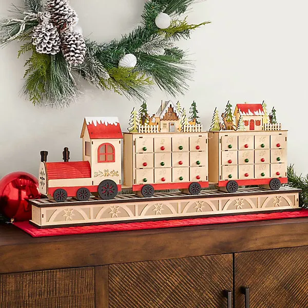 33' Train Village LED Advent Calendar Wooden Christmas Countdown Decoration with 24 Drawers, Warm LED Lights,