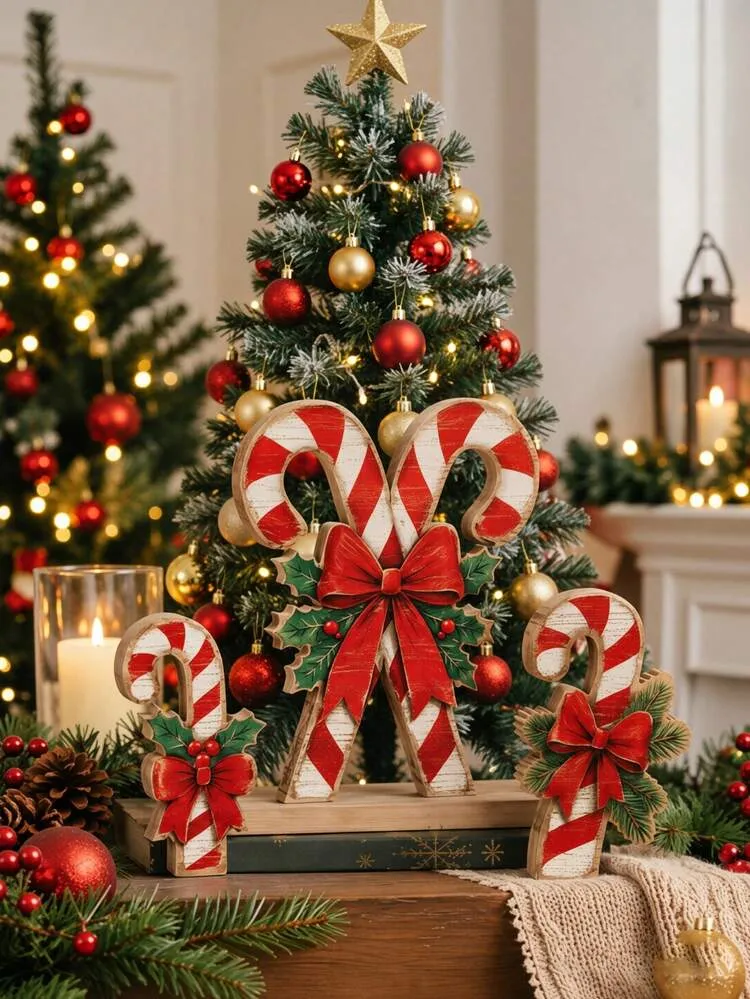 3pcs Christmas Candy Cane Desktop Decor, Distressed Wooden Candy Cane  Figurines With Bows And Holly Leaves, Farmhouse Style Christmas Shelf Decor,  Holiday Indoor Home Decoration, Christmas Decor | S
