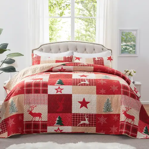 3pcs luxury velvet quilted christmas bedspreads set - queen/king size soft  & plush holiday covers, festive reversible bed linens for winter decor |  Check Out Today's Deals Now | Temu
