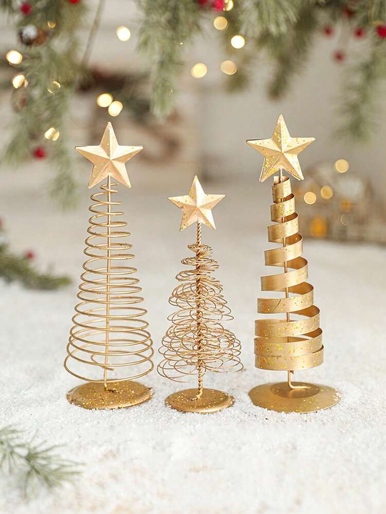 3pcs Mini Gold Christmas Trees, Elegant Desktop Decor With Stable Base, Retro Holiday Centerpiece, Desk Organizer, Christmas Home Decor, Office Christmas Decoration, Christmas Ornament, Room Decor,