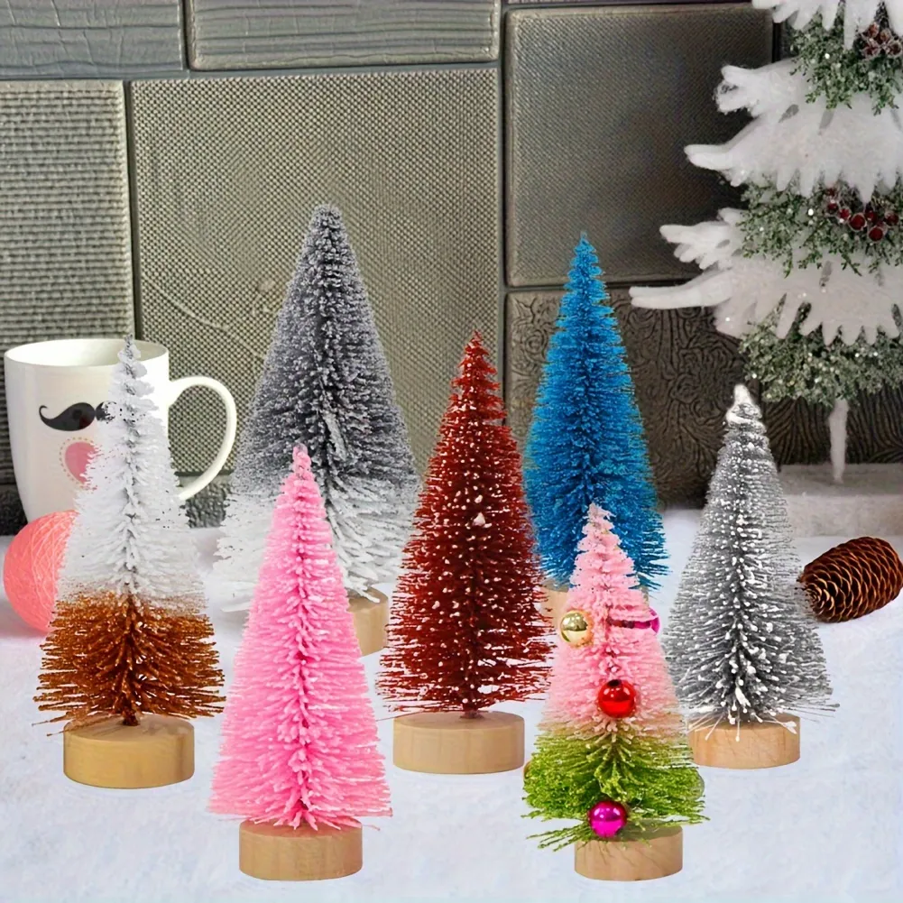4 Artificial Mini Christmas Trees, Small Bottle Brush Tree with Wooden Base, Artificial Frosted Sword Grass Christmas Tree, DIY Crafts Mini Pine Tree for Christmas Party, Home Desktop Decoration, ..