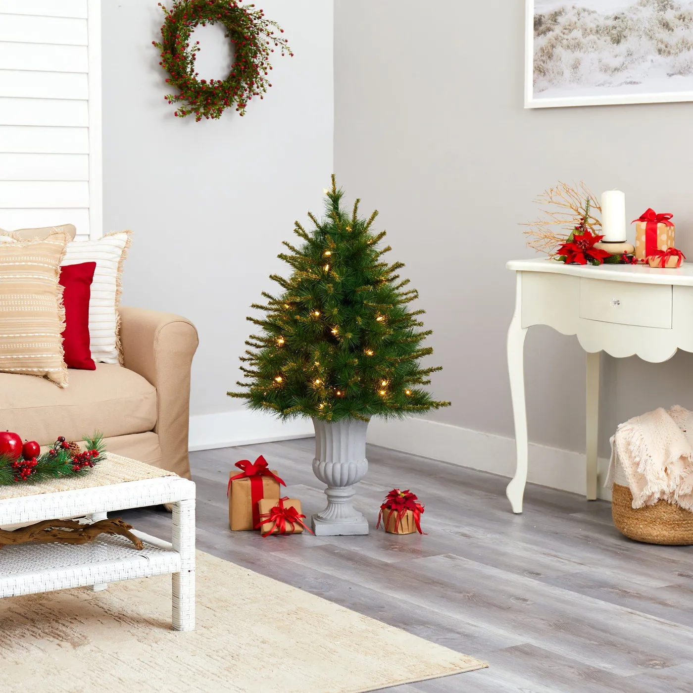 44” New England Pine Artificial Christmas Tree with 50 Clear Lights and 117  Bendable Branches in Decorative Urn