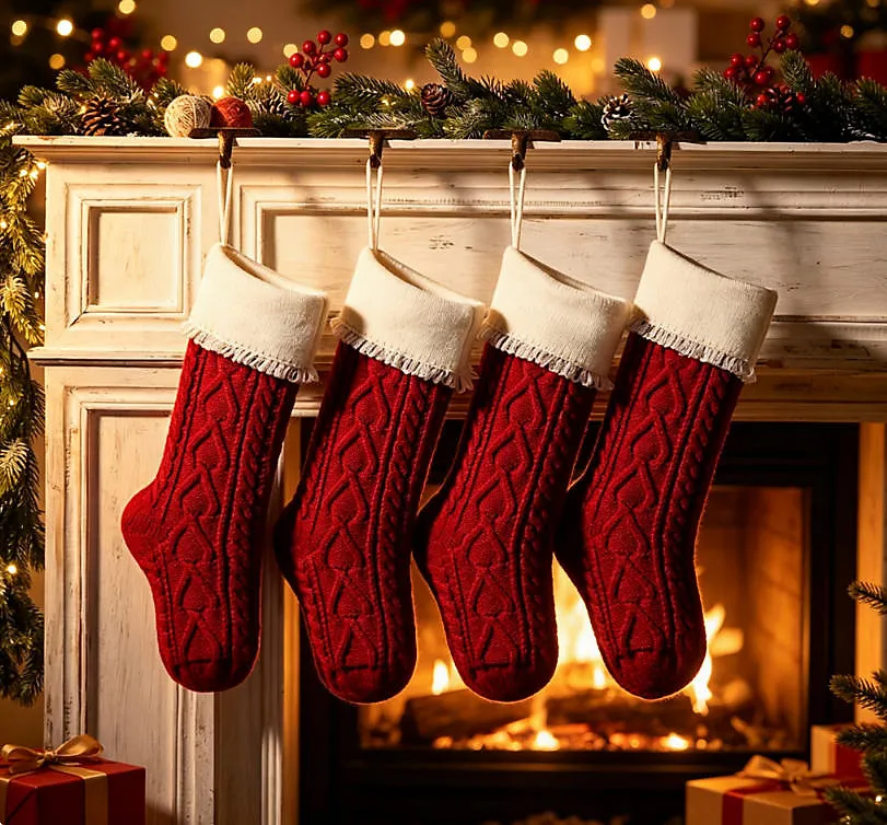 4Pcs Red White Knitted Christmas Stockings with Ruffled Cuff, Hanging Xmas  Stocking Decorations for Fireplace Mantel