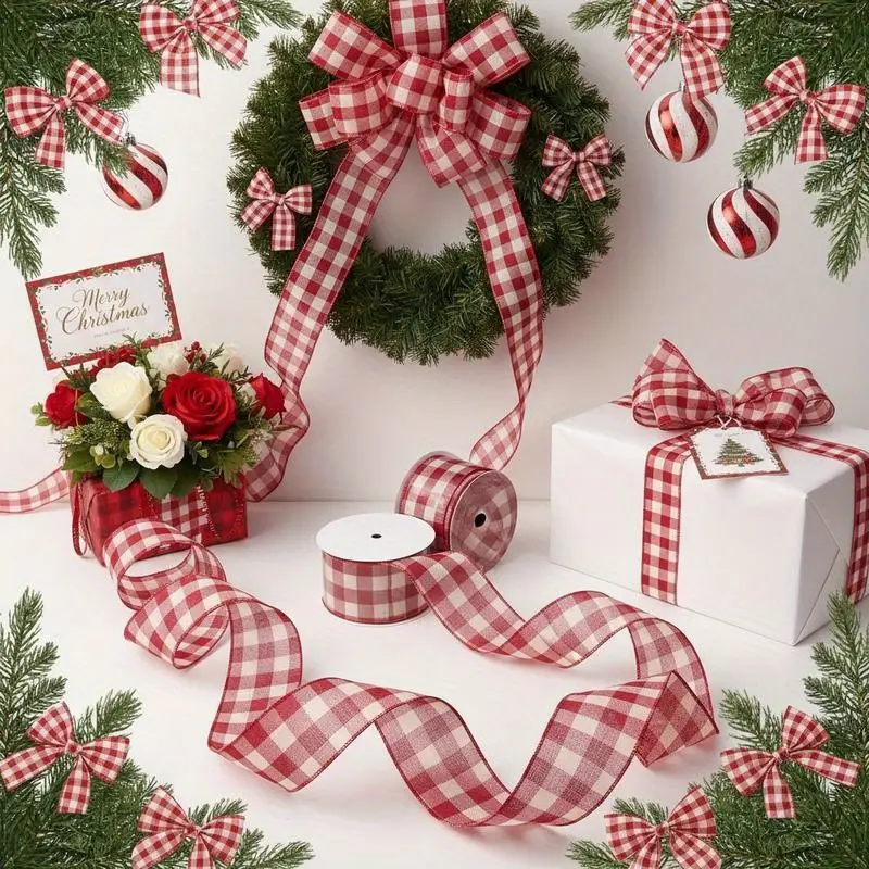 6.35cm 9.14meter/roll Christmas Bow Ribbon ( Gingham with Metallic Wire), Black-Red Gingham Ribbon Easy for Handcraft, Suitable for Gift Wrapping/Home Decoration/Christmas Tree Decoration/DIY ...