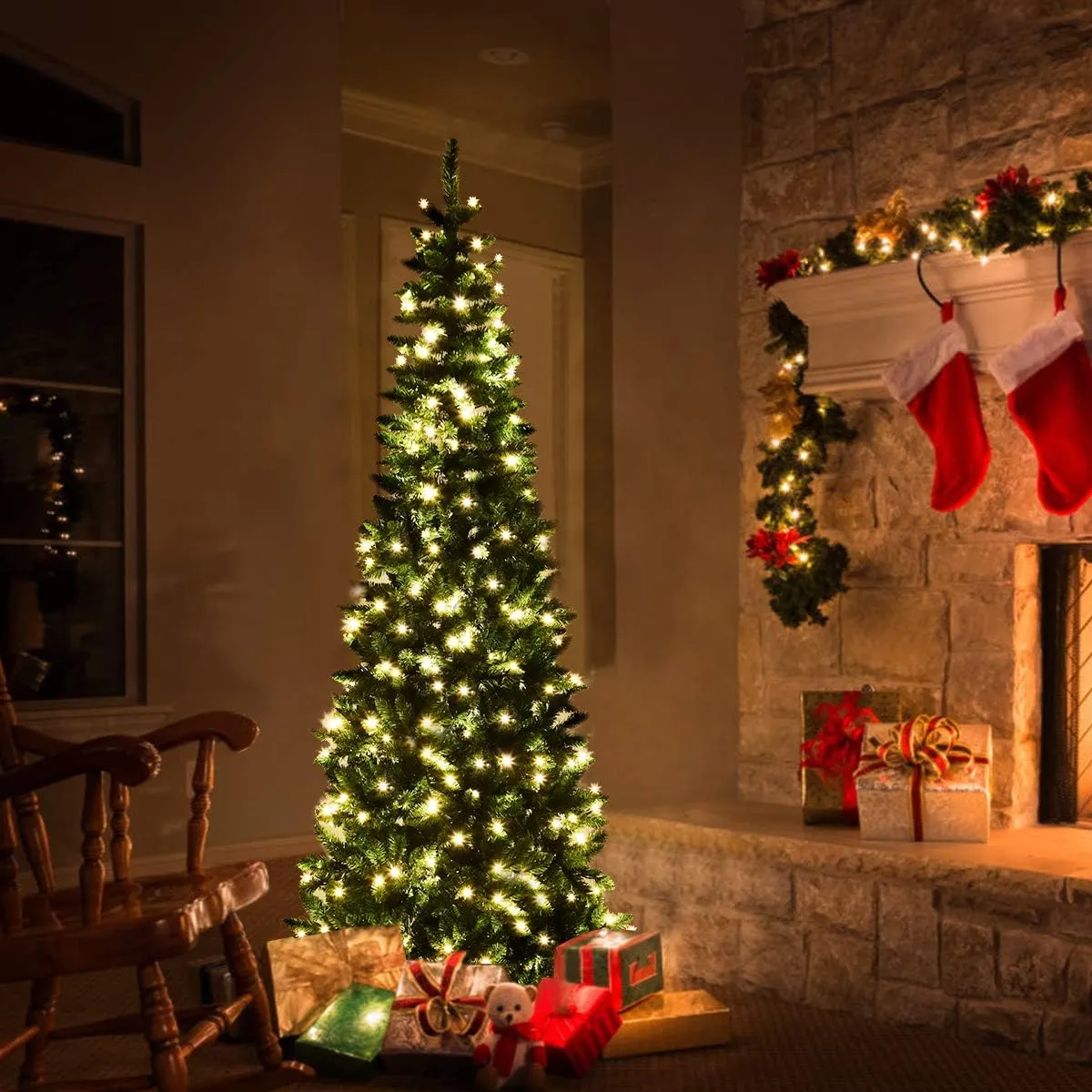 6.5FT Pre-Lit Christmas Tree, Slim Artificial Xmas Aruba | Ubuy