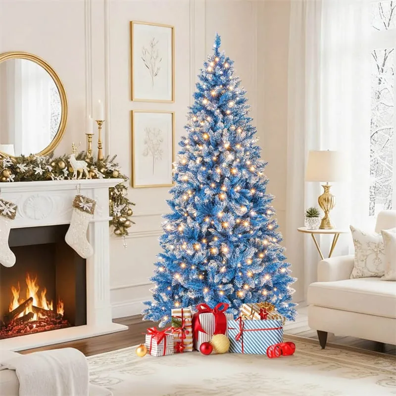 6/7/8/9FT Pre-Lit Christmas Tree Blue Hinged Frosted PVC Tips Warm White  LED Lights - Eletriclife