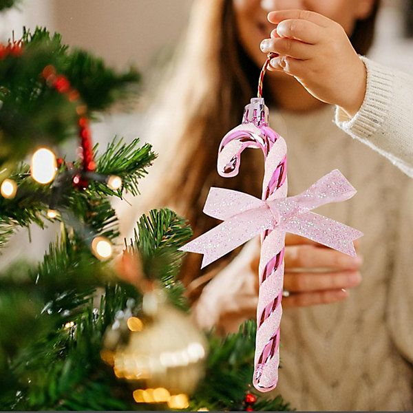 6pcs Glitter Pink Candy Cane Christmas Tree Decorations With Ribbon14 cm  Hanging Ornaments for Holiday Decor