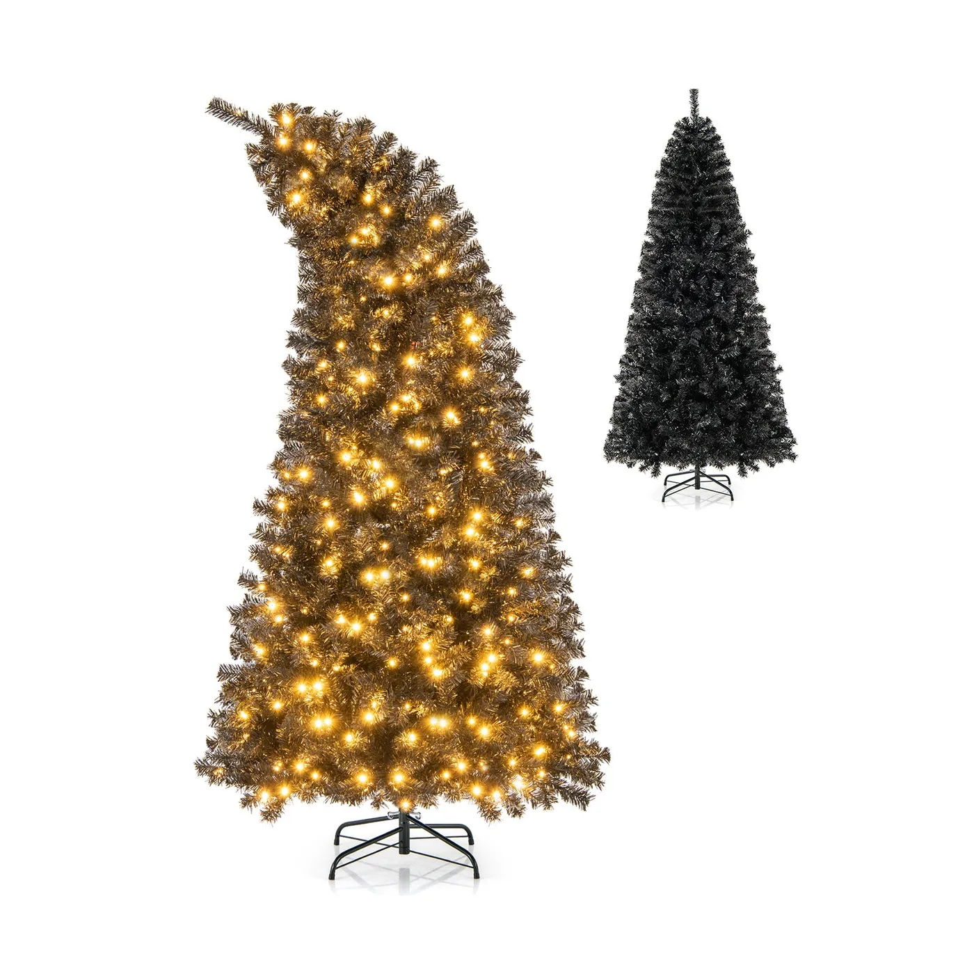 7 ft Black Artificial Christmas Tree with Bendable Top Section and Warm Light