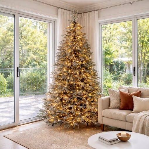 7.5ft Black Christmas Tree with Soft White Flock & Lights- Midnight Snow -  Big Christmas