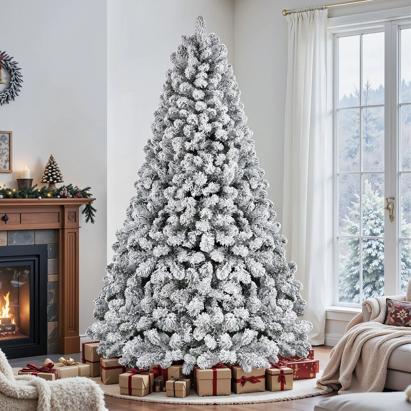 7.5ft Pre-lit White Flocked Spruce Artificial Christmas Trees with Warm  White Lights
