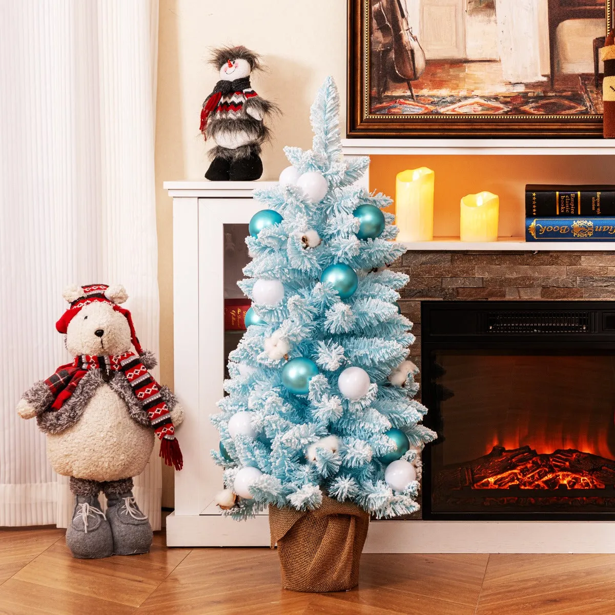 90 CM Artificial Mini Christmas Tree, Pre-Decorated Tabletop Blue Xmas Tree  w/ 12 Natural Cotton Balls, 24 Decorative Ball Ornaments, Snow Flocked  Branch Tips