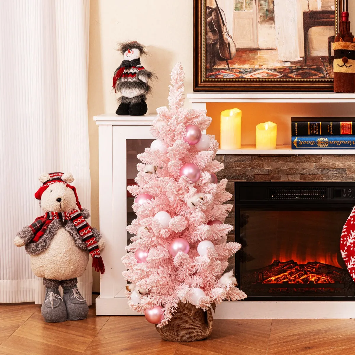 90 CM Artificial Mini Christmas Tree, Pre-Decorated Tabletop Blue Xmas Tree w/ 12 Natural Cotton Balls, 24 Decorative Ball Ornaments, Snow Flocked Branch Tips