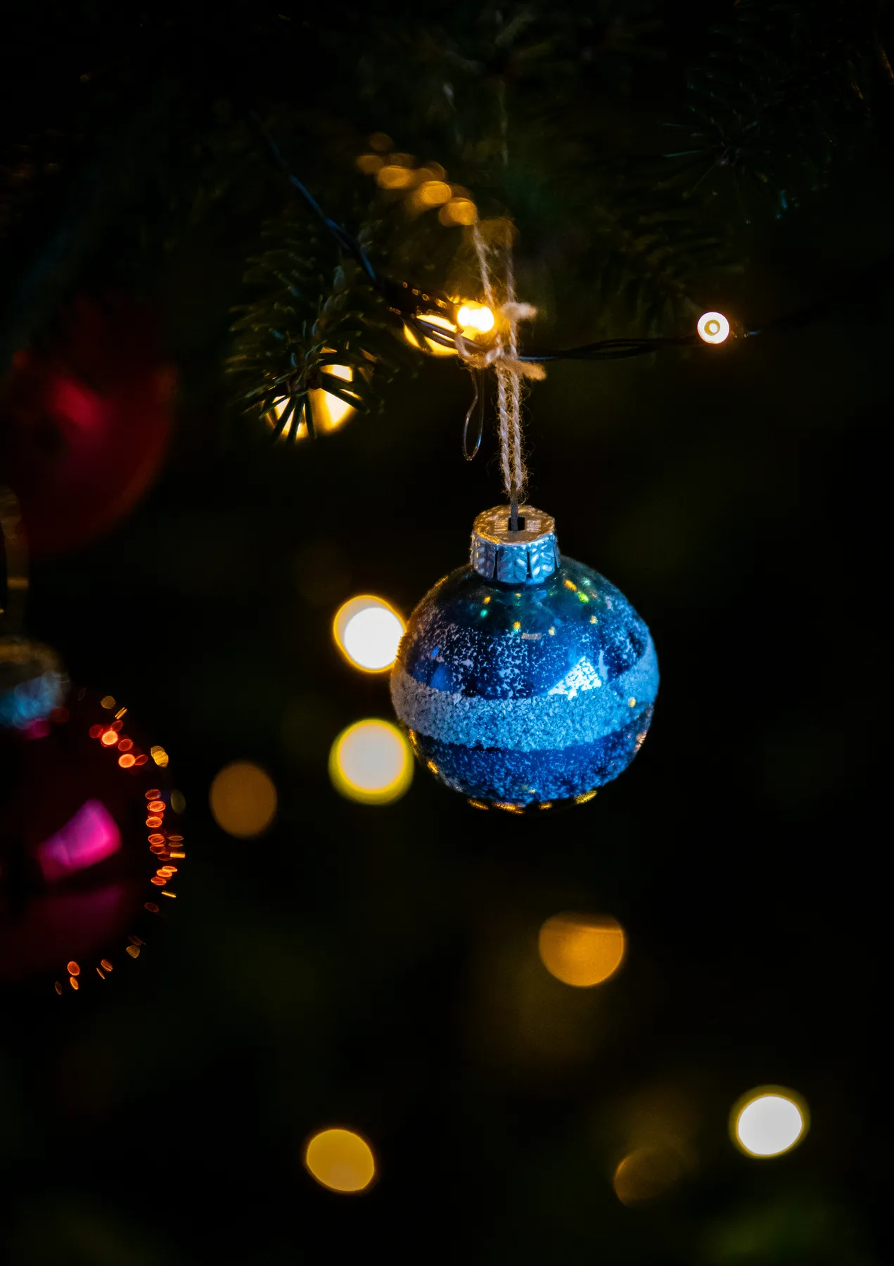 A blue christmas ornament hangs on a tree