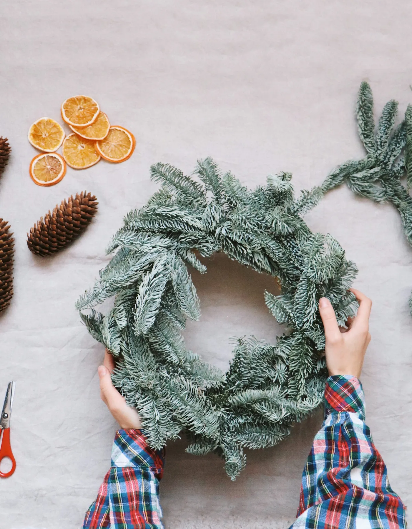 A person making a wreath with pine cones and oranges photo – Free Winter  Image on Unsplash