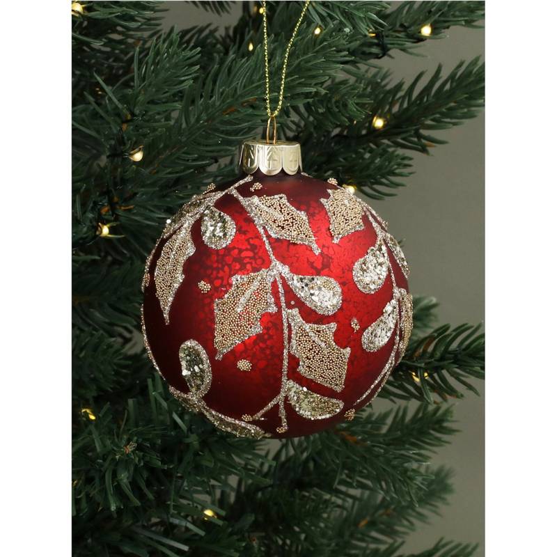 Antique Red Glass Bauble with Gold & Silver Beaded Holly
