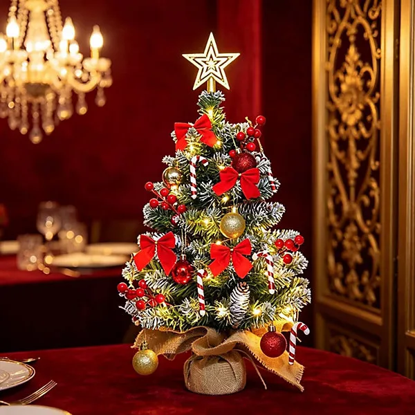 Artificial Tabletop Christmas Tree Small Xmas Tree with Red Bow Berries Pinecones Star Tree Topper Ball