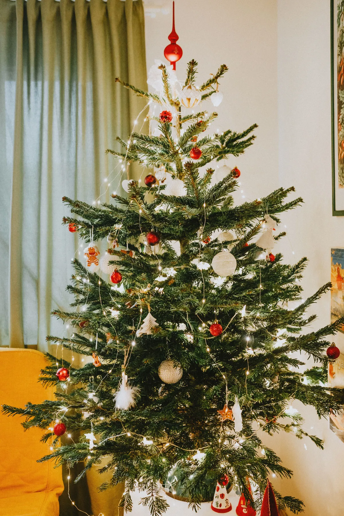 Beautifully decorated indoor Christmas tree with lights and ornaments, creating a festive atmosphere.