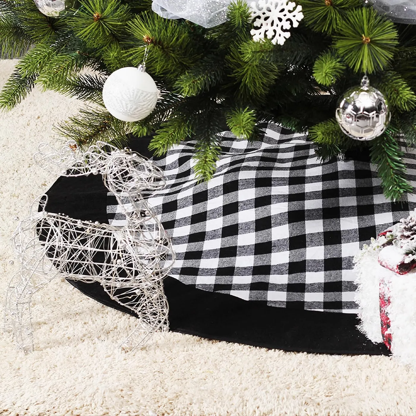 Black and White Buffalo Plaid Check Christmas Tree Skirt 48 inches - All  The Fall Things
