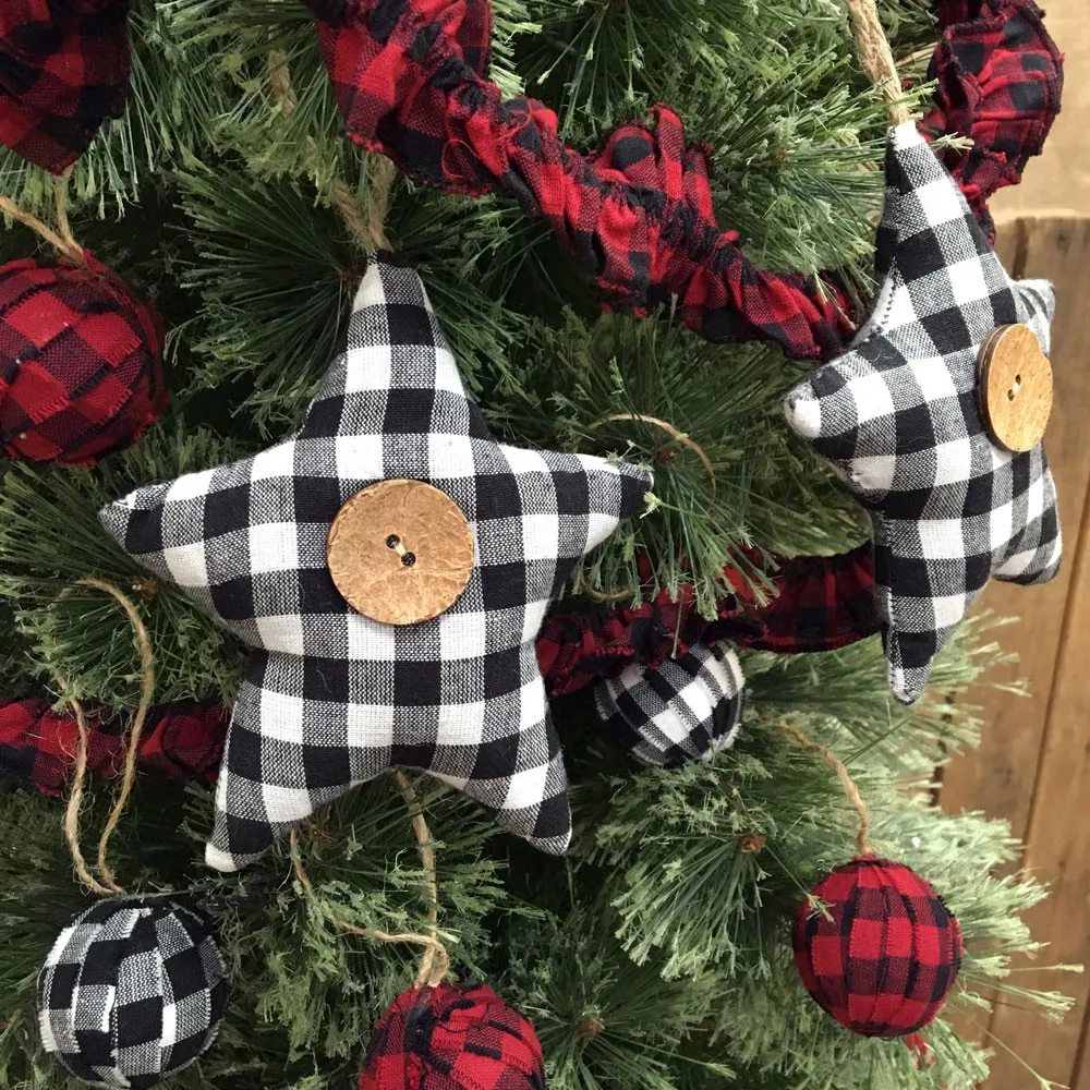 Black & White Mini Buffalo Plaid Homespun Fabric Star Christmas Ornaments -  Set of 3 - by Marilee Home - Jubilee Fabric