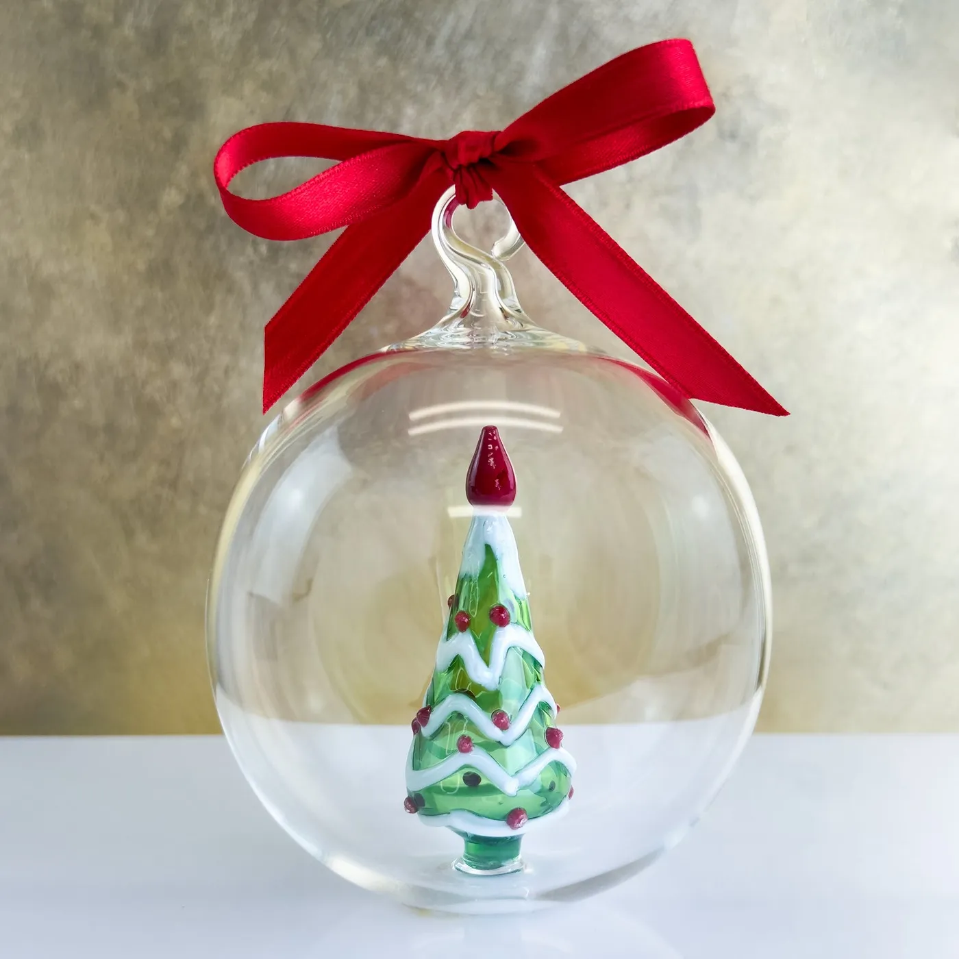 Blown Clear Glass Ornament with Christmas Tree Green Tree