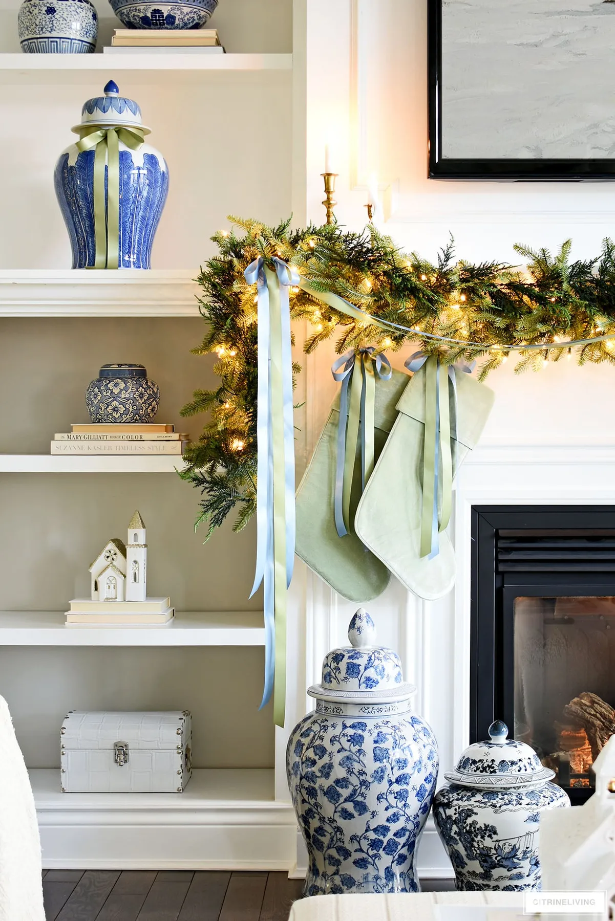 BLUE + GREEN CHRISTMAS TREE AND MANTEL | CitrineLiving