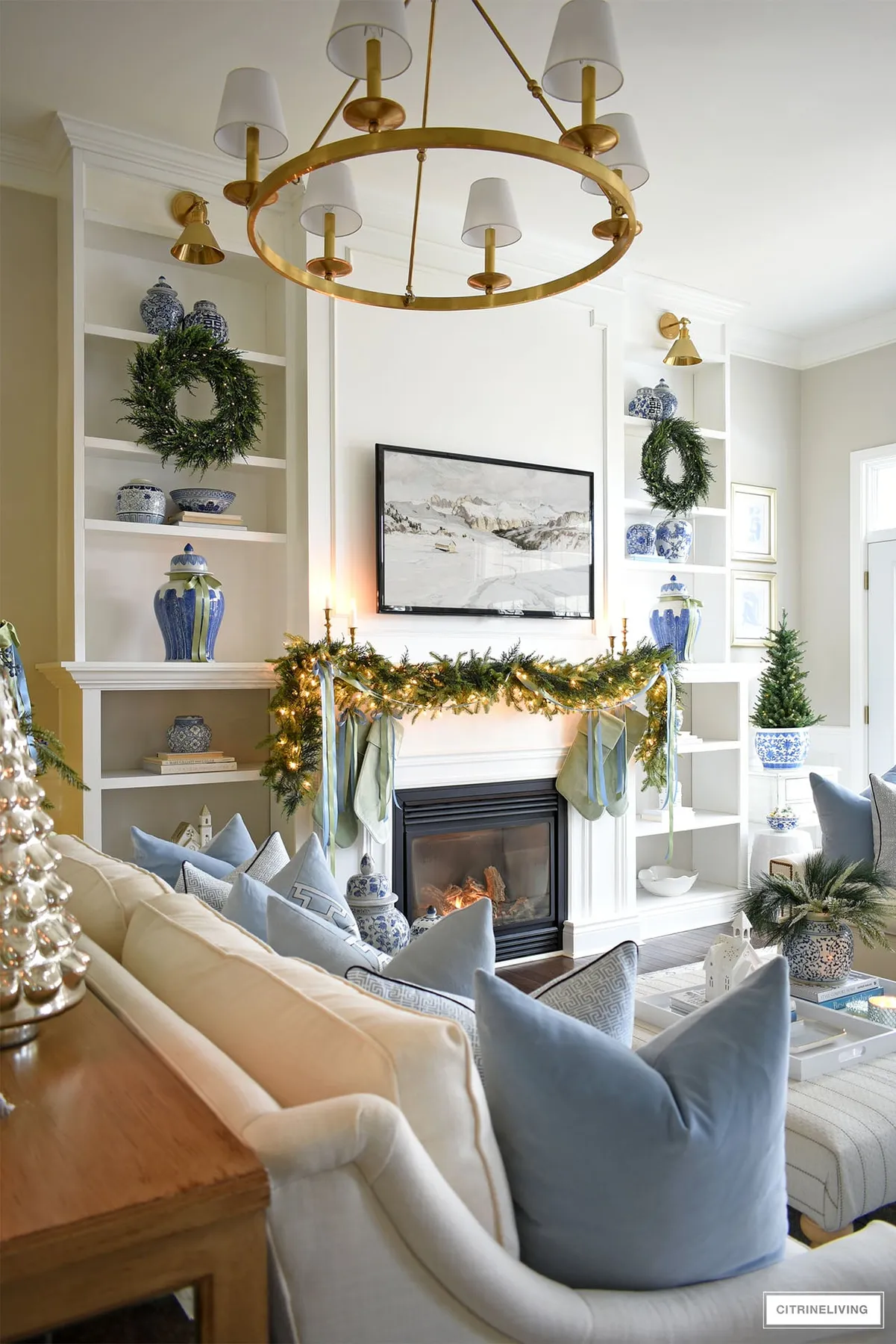 BLUE + GREEN CHRISTMAS TREE AND MANTEL | CitrineLiving