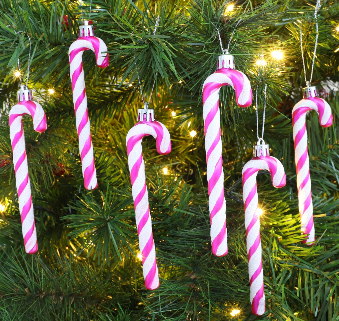 Christmas Concepts® Pack Of 6 - 13cm Glitter Candy Cane Christmas Tree  Decorations (Hot Pink & White) - Christmas Concepts