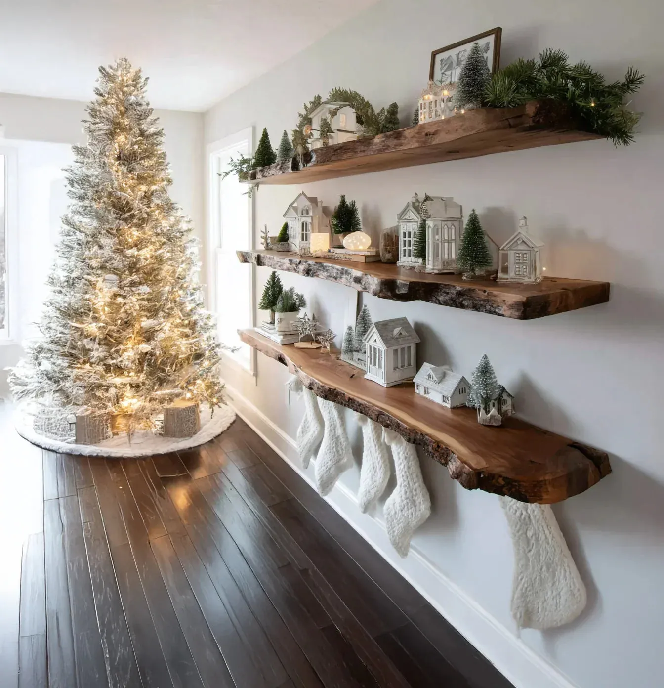 Christmas Live Edge Floating Shelf – Rustic Solid Wood Wall Decor