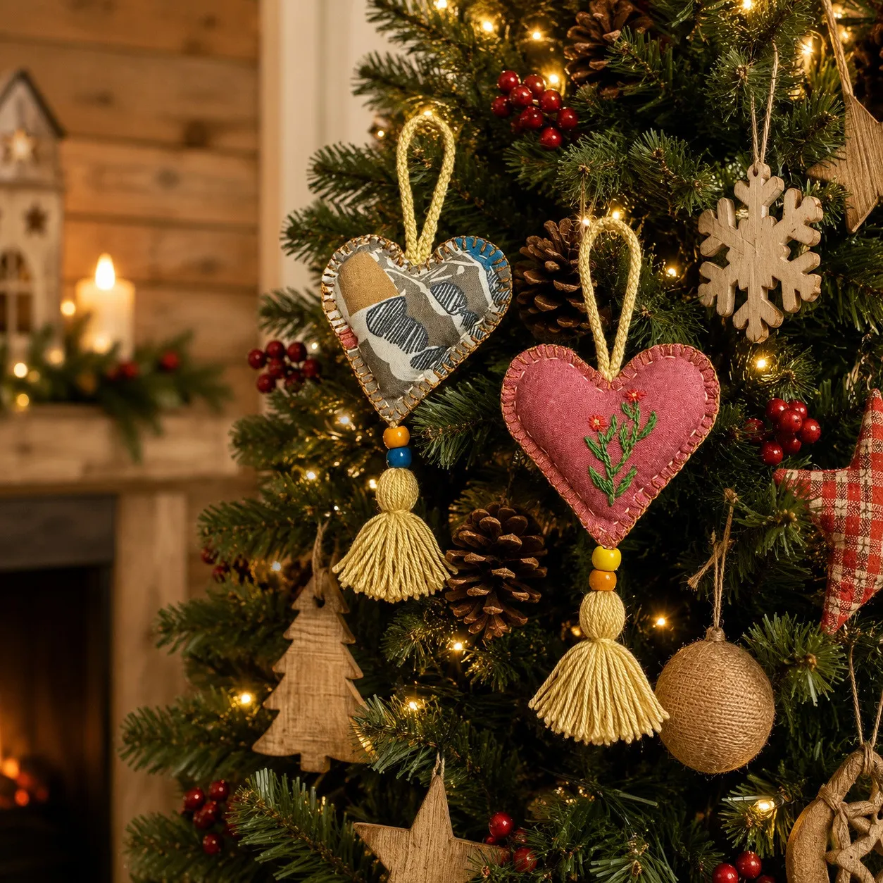 Christmas Tree Ornaments Hearth Hand Ornament Embroidered Fabric Heart  Ornament Set Rustica House