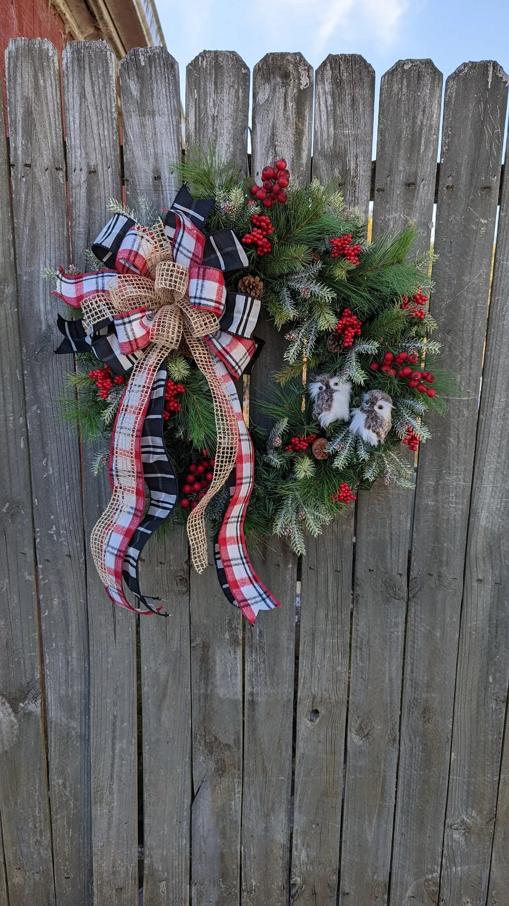 Christmas Wreath, Holiday Wreath, Owl Wreath, Black, White Plaid ribbon, Front  Door Wreath, Front Door, Red Berries, Christmas Wreath 304