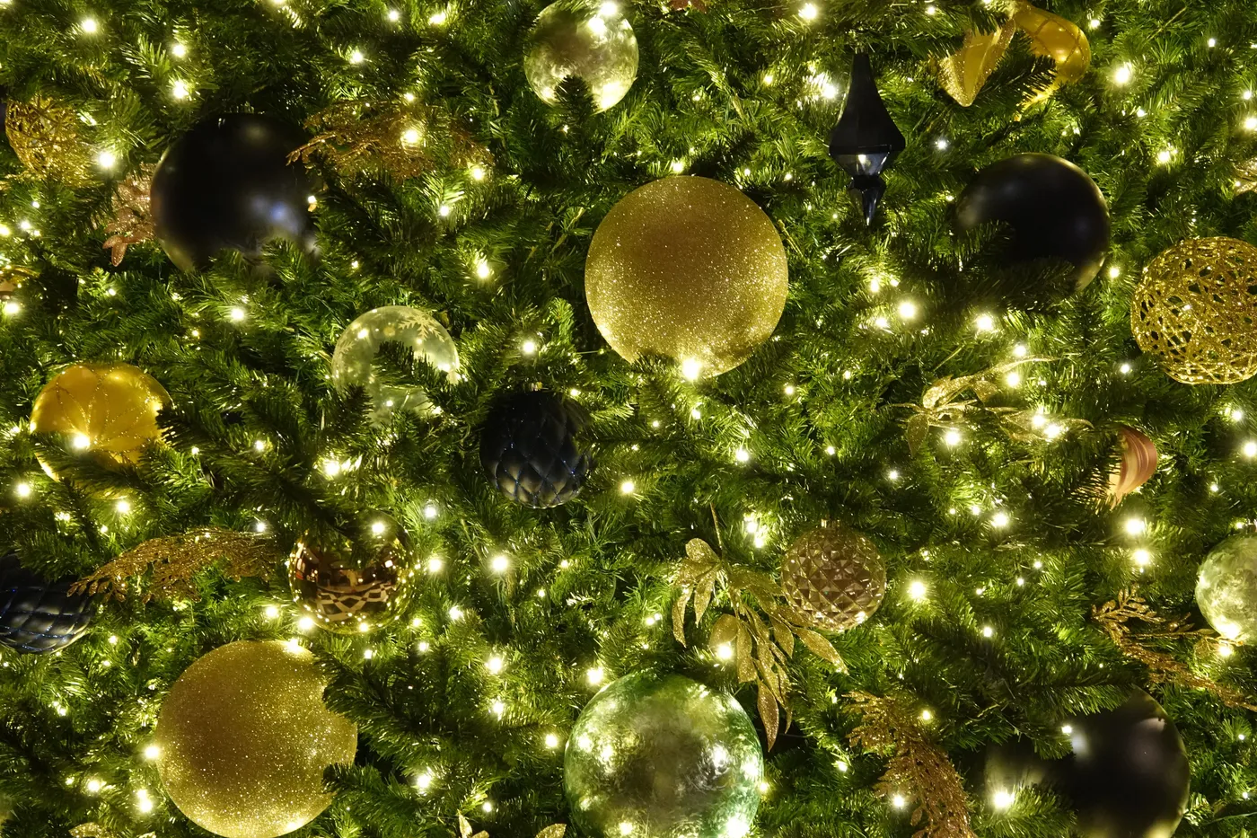 Close-up of a beautifully decorated Christmas tree with shimmering lights and golden ornaments.