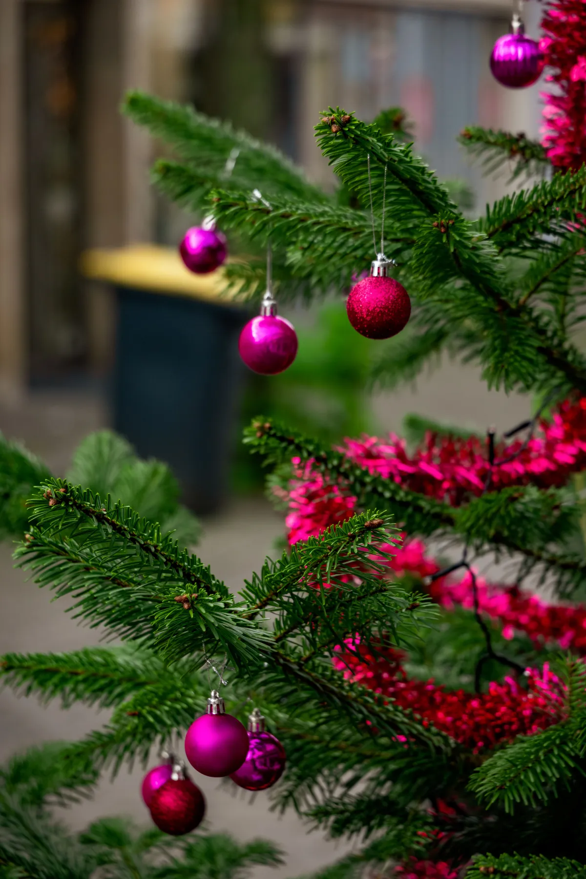 Colorful outdoor Christmas tree adorned with pink baubles and garland, creating a festive atmosphere.