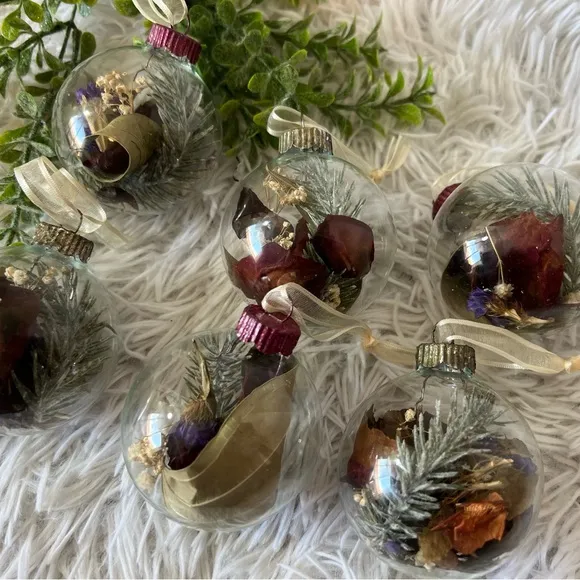 Dried Floral Glass Christmas Ornaments Set Of 6 Handmade Primitive Roses