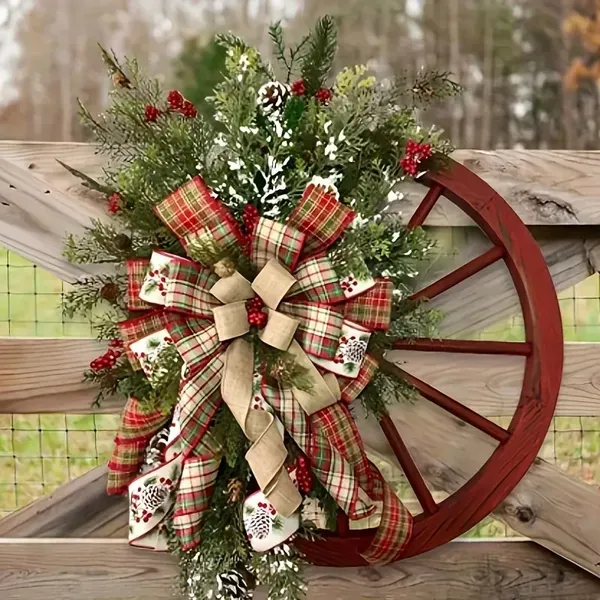 Dropship 1pc Christmas Red Wagon Wheel Wreath, Front Door Reusable Vintage  Xmas Garland, Artificial Flower Funny Outdoor Indoor Xmas Tree Decor to  Sell Online at a Lower Price | Doba