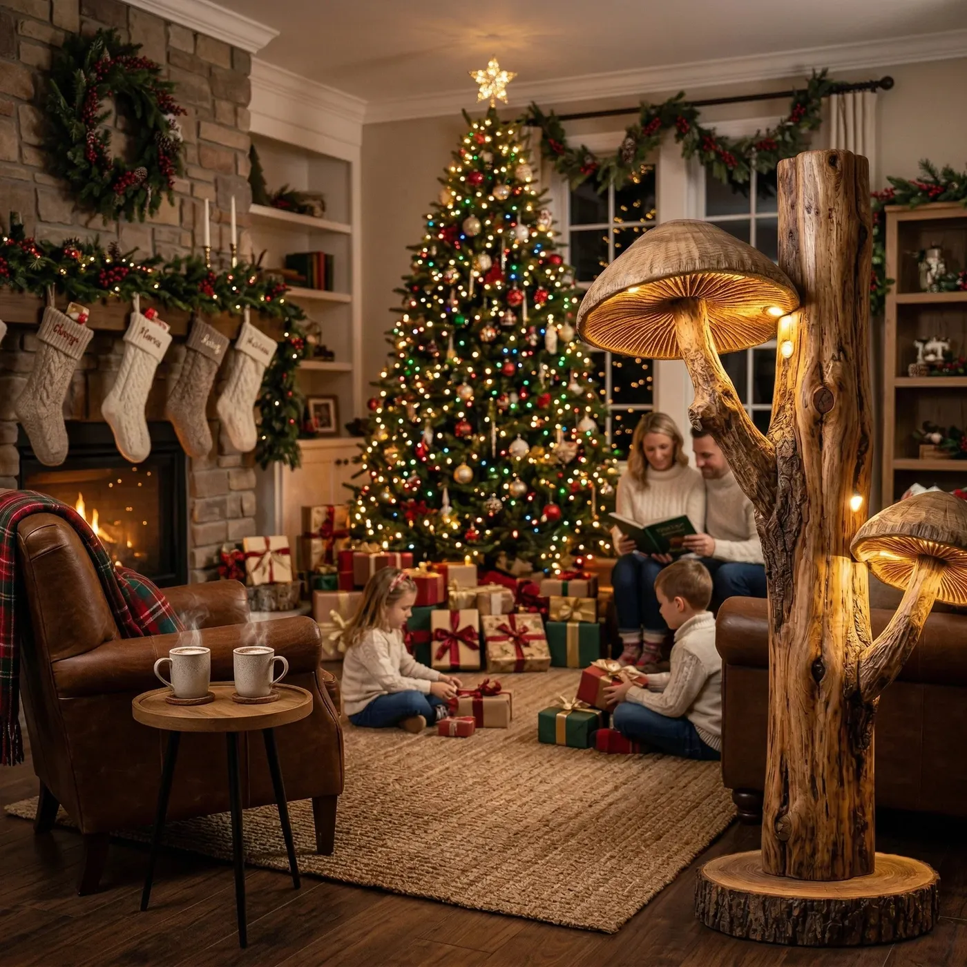 Dual Bark-On Trunk Mushroom Floor Lamp | Two Gill Glow Caps