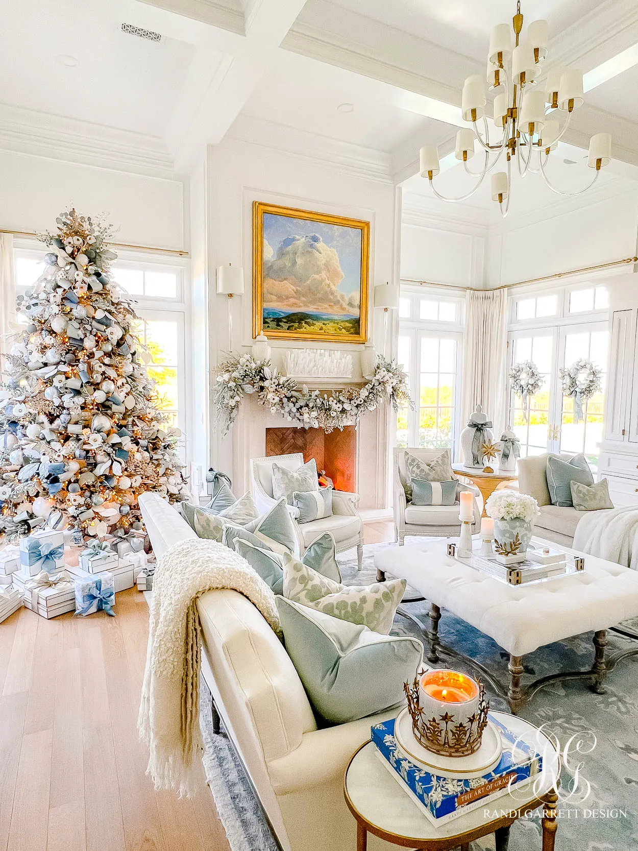 Dusty Blue Chinoiserie Christmas Family Room - Randi Garrett Design