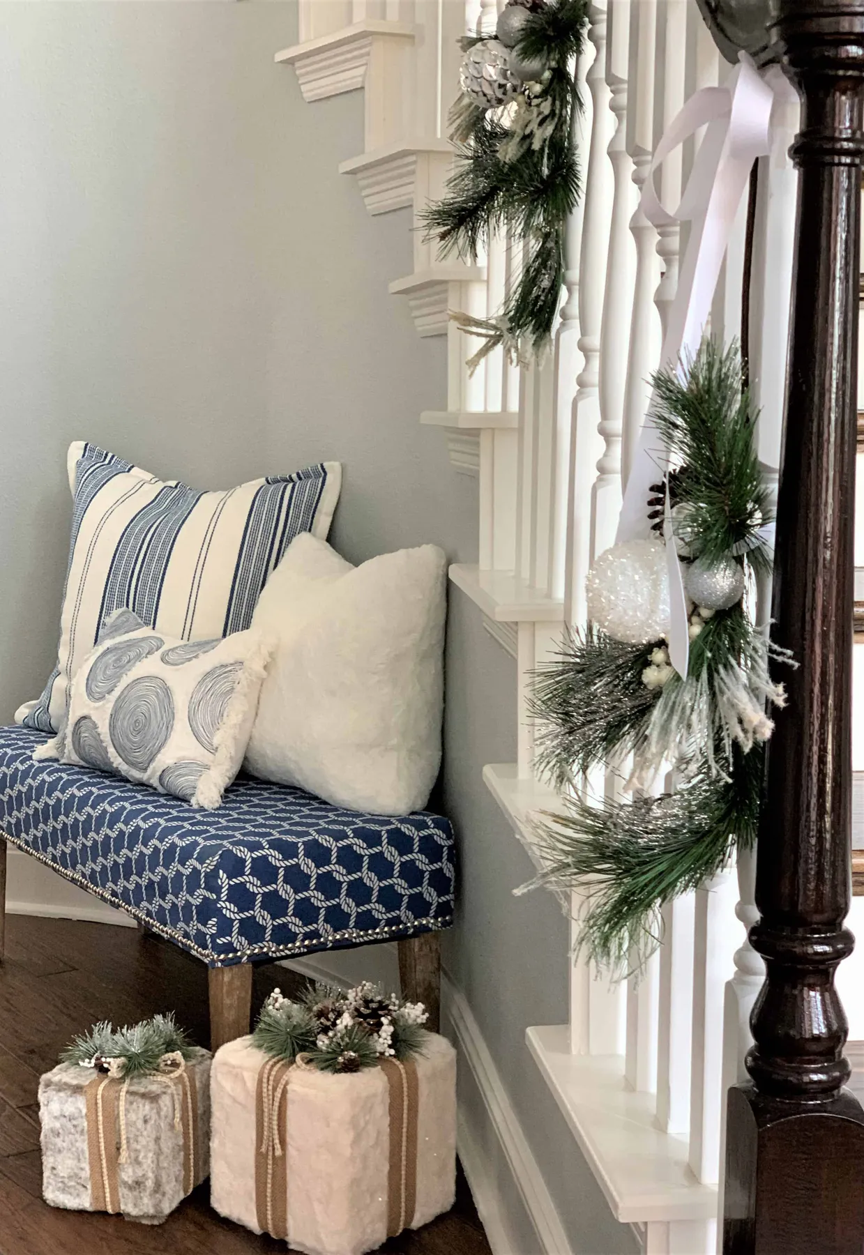 Easy Christmas Staircase Decorating Idea: Pine Sprays -  thetarnishedjewelblog