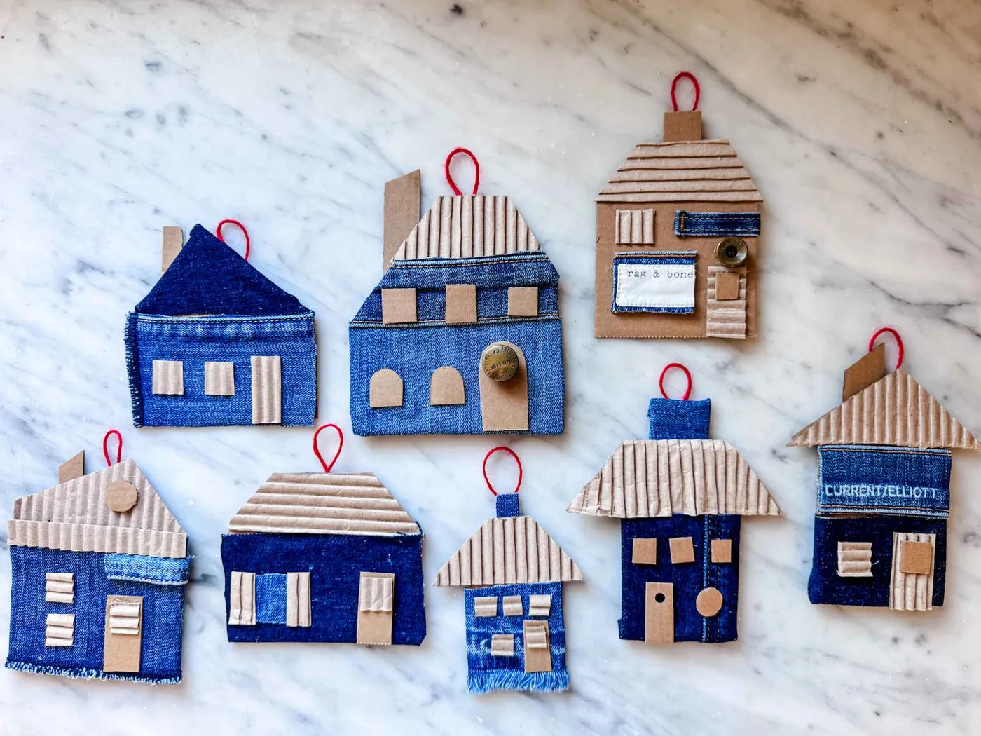 Easy Upcycled DIY Denim & Cardboard House Christmas Ornaments | Most Lovely Things