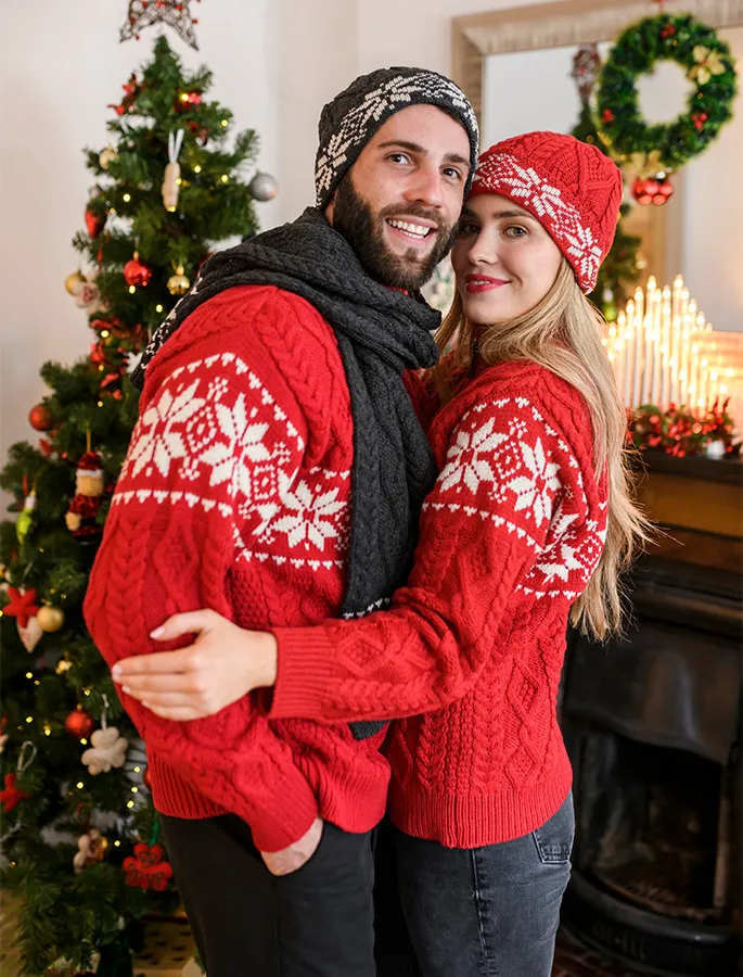 Fairisle Snowflake Zip-Neck Aran | X Large | Cherry/Natural | Aran Sweater Market
