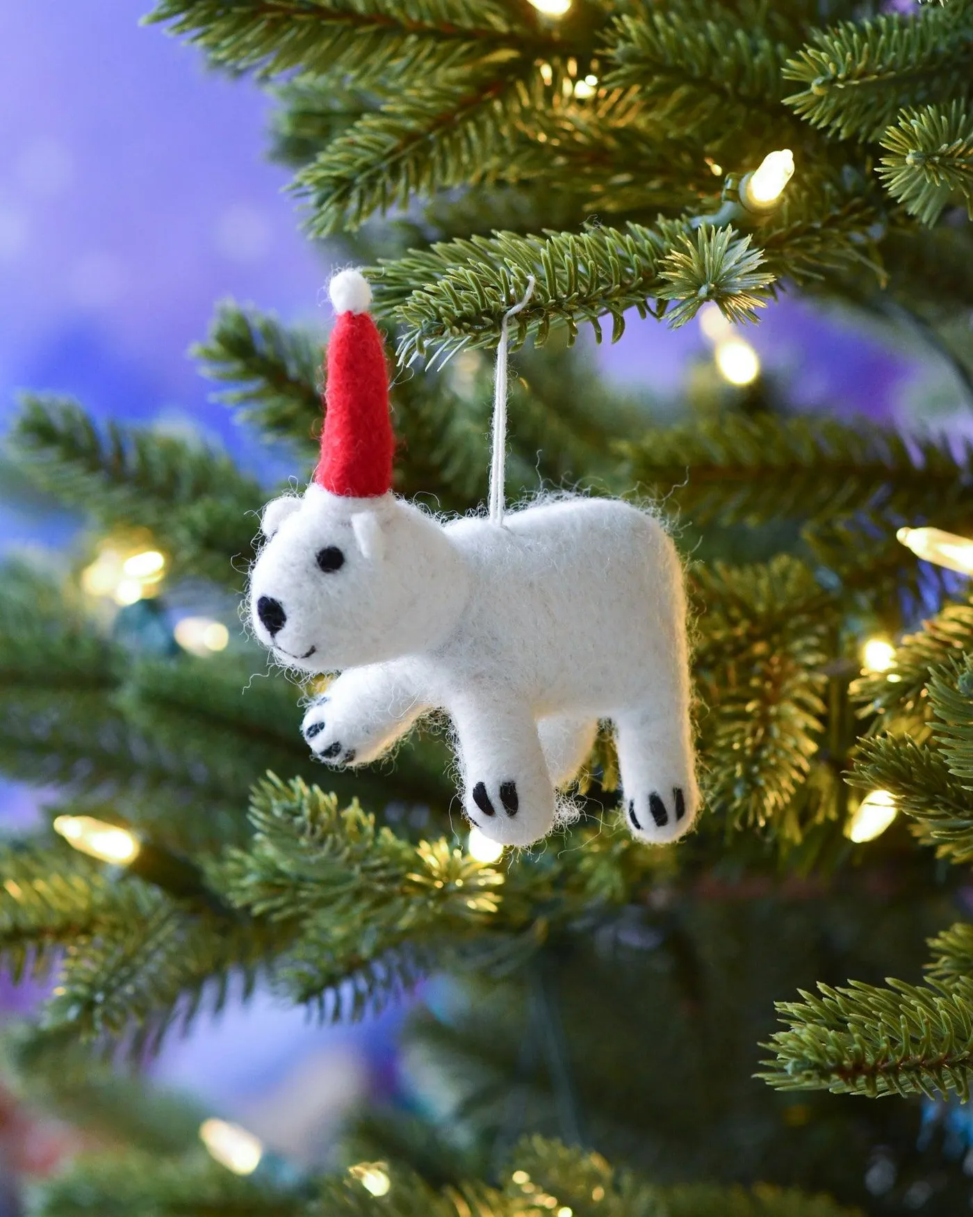 Felt Polar Bear Cub Christmas Ornament | Tara Treasures | Felt Play Food, Baby Cot Mobiles, Finger Puppets, Cat Caves, Kids Felt Toys