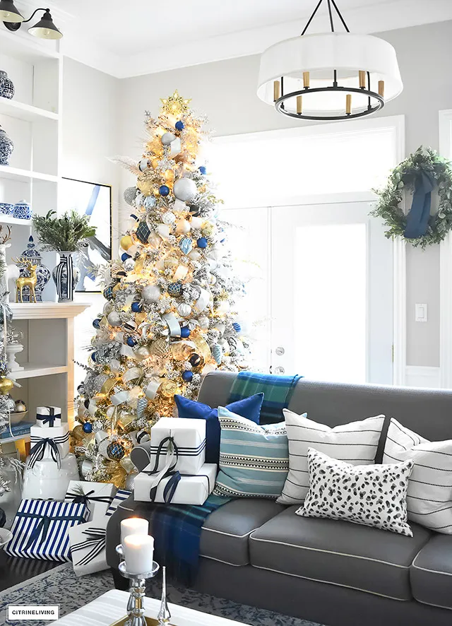 Flocked Christmas Tree Decor: Blue, Silver + Gold - CitrineLiving