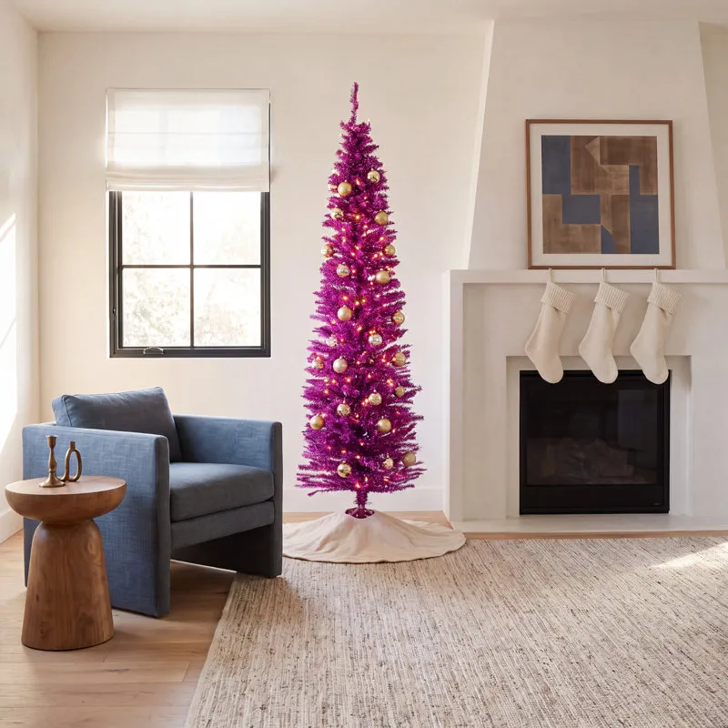 Flocked Pre-Lit Pink Pine Christmas Tree 7'