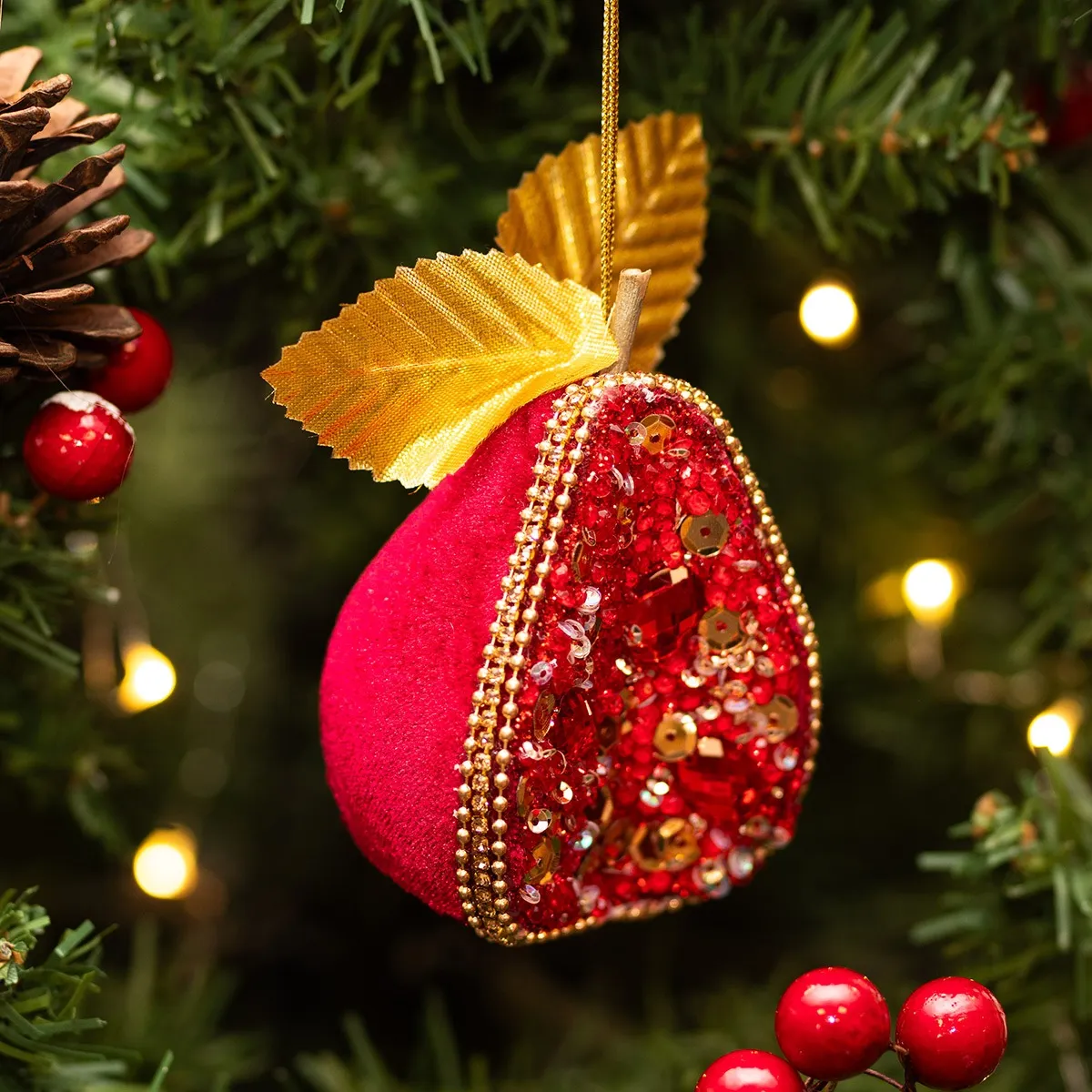 Gisela Graham Assorted Red Fabric Half Fruit Tree Decoration