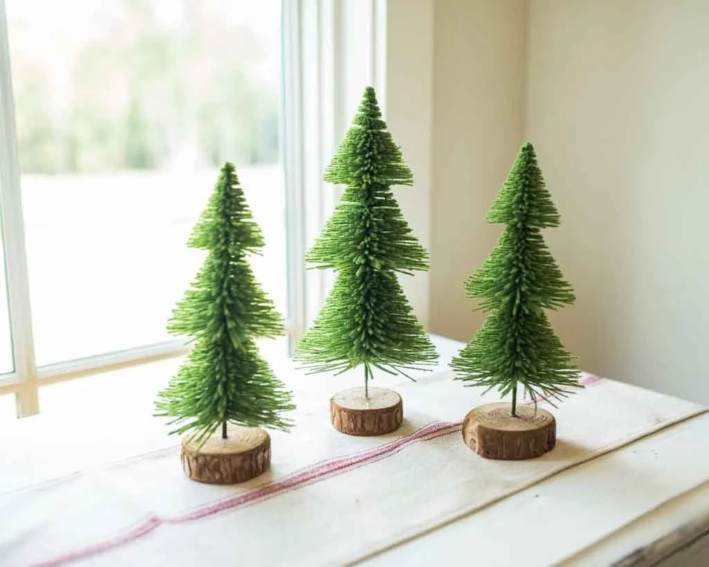 Green Bottle Brush Trees with Wood Base – Three Sizes – 80AcreMarket.com
