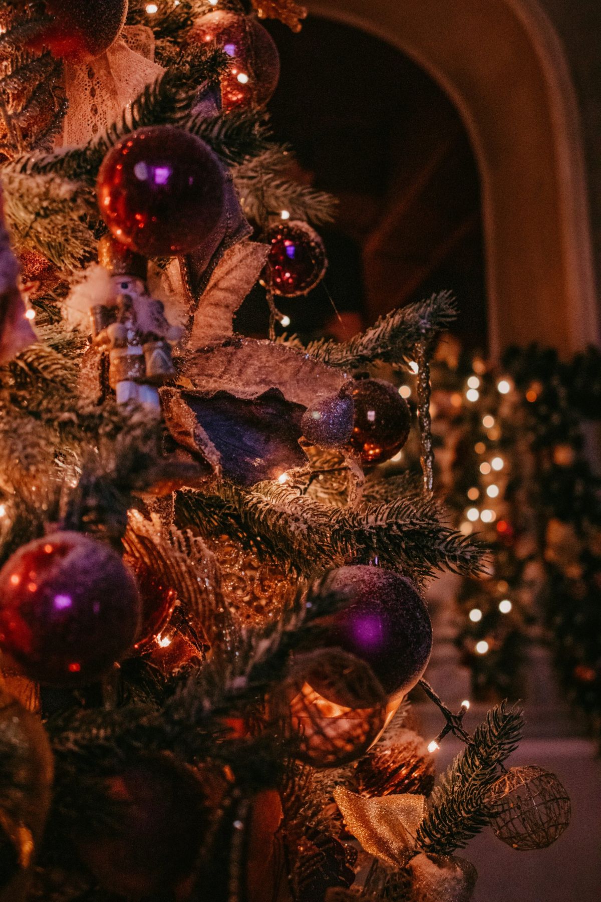 green Christmas tree with purple baubles