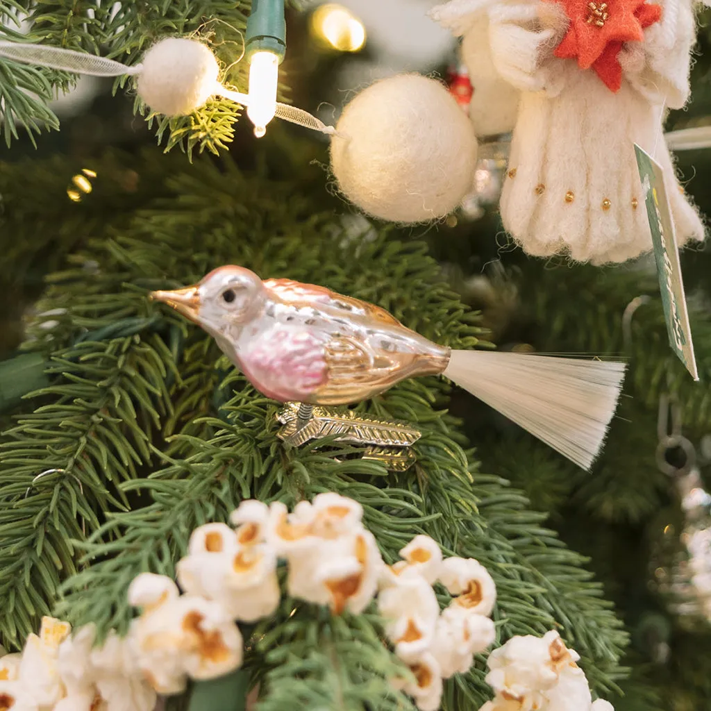Hand-blown and Painted Iridescent Tail Rose Gold Bird Clip-On Ornament