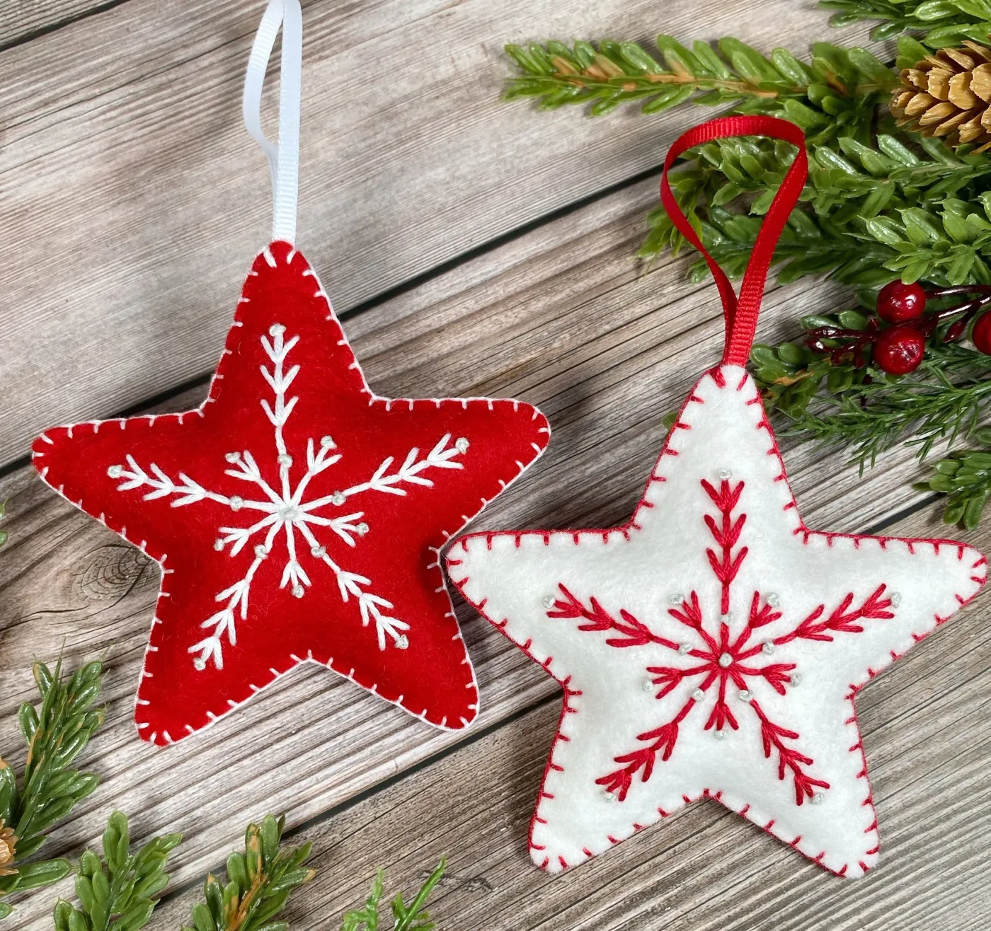 Hand embroidered felt star snowflake ornaments — The Ornament Boutique