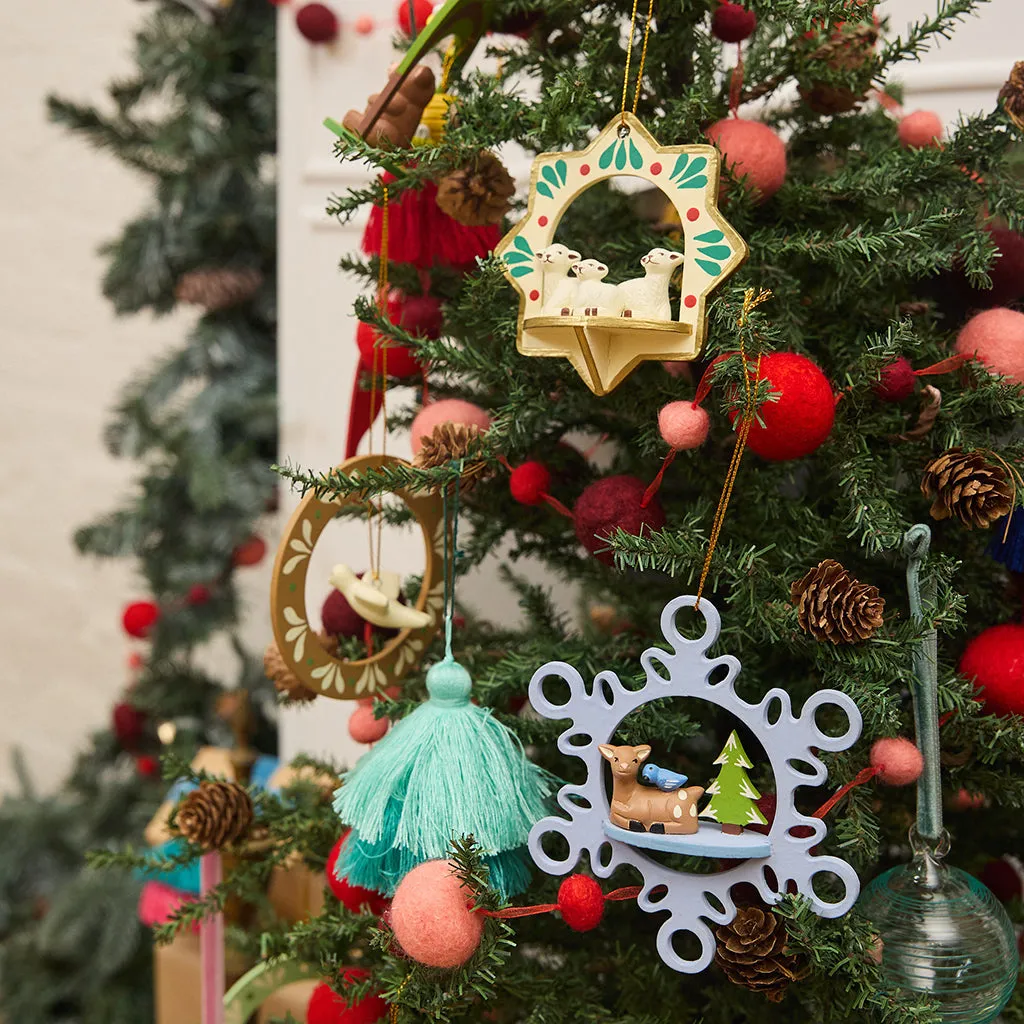 Hand Painted White Sheep Nativity on Wooden Festive Star Ornament