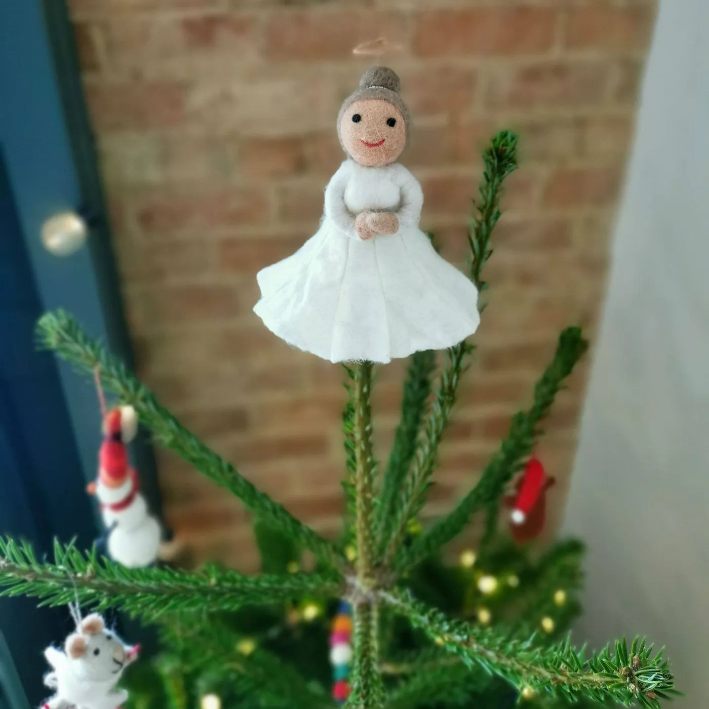 Handmade White Felt Christmas Angel Tree Topper Decoration – Forget Me Not  And Green