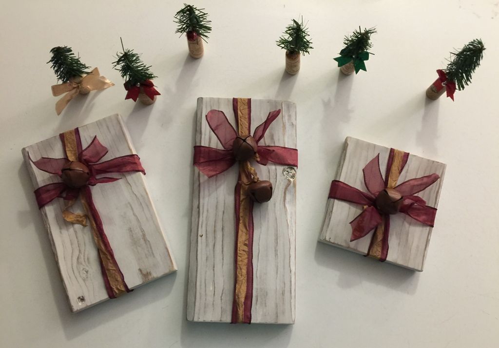 Handmade Wooden Christmas Packages with Burgundy & Gold Ribbon | My  Perpetual Project